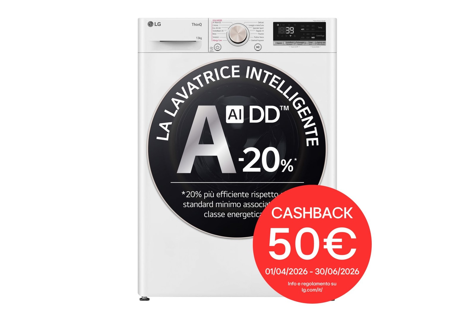 Vista frontale di Lavatrice 13kg AI DD™ | Serie R7 Classe A-20% | 1400 giri, TurboWash 360, Vapore su 7 programmi, Wi-Fi | White F4R7013TSWG